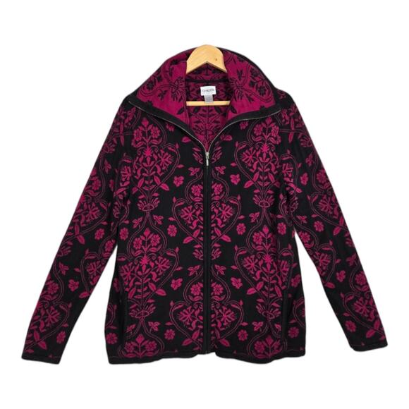 Chico's Jackets & Blazers - Chico's Silk Blend Cardigan Jacket sz 2 - L Black Magenta Pink Zip Front Pockets